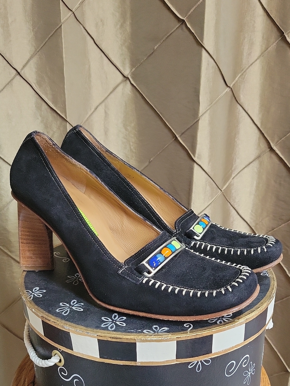 VGUC- Materia Prima Suede Squared Toe Moccasin Heel w/Sculptural Block Heel